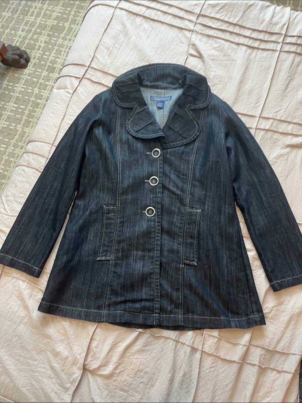 Black Wash Denim Ruffle-Collar Jacket